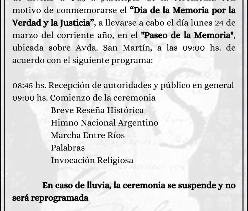 EL LUNES 24 SE REALIZARÁ EL PRIMER ACTO OFICIAL POR EL «DÍA DE LA MEMORIA POR LA VERDAD Y LA JUSTICIA»