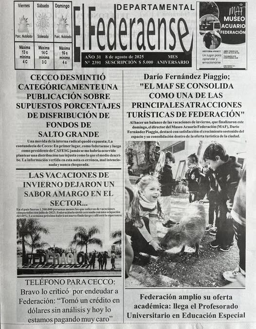Tapa de El Federaense de este viernes 8 de agosto de 2025