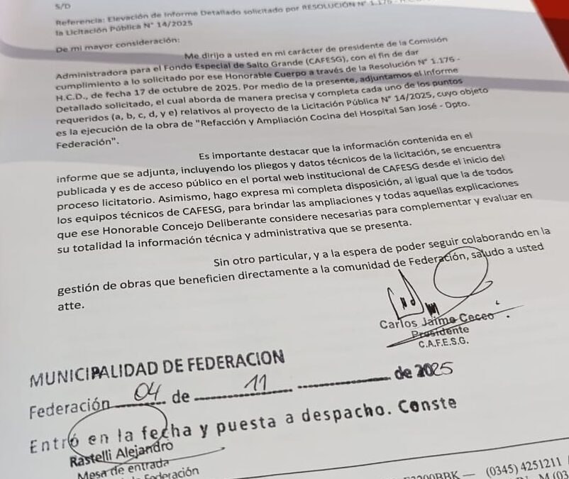 CAFESG presentó al HCD de Federación el Informe Detallado sobre Licitación del Hospital San José