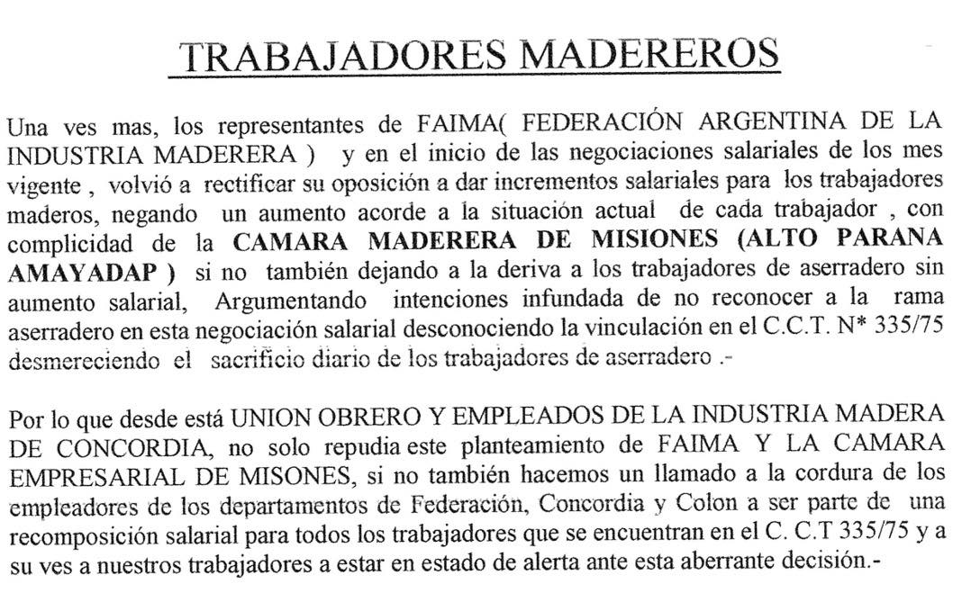 TRABAJADORES MADEREROS EN ESTADO DE ALERTA ANTE LA NEGATIVA EMPRESARIAL A LA RECOMPOSICIÓN SALARIAL