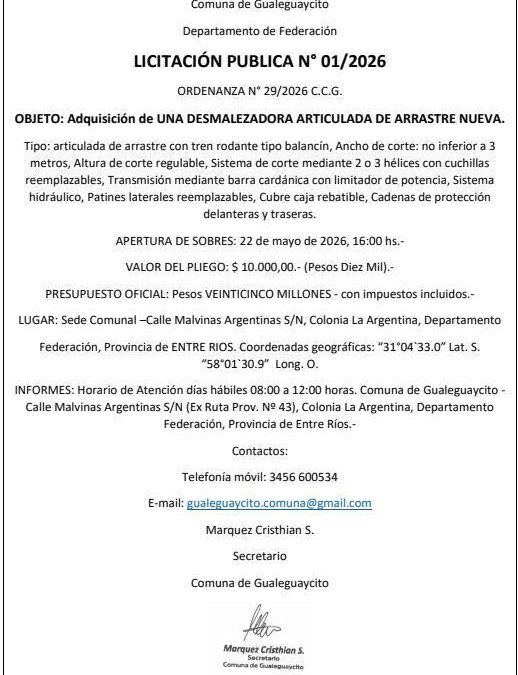 LICITACIÓN PÚBLICA COMUNA DE GUALEGUAYCITO