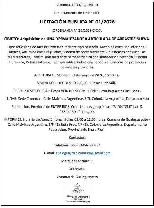 LICITACIÓN PÚBLICA COMUNA DE GUALEGUAYCITO