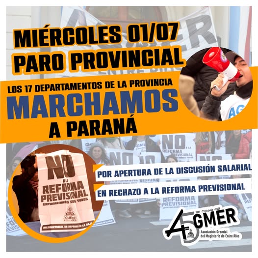 Agmer convoca a un nuevo paro docente para este miércoles 1° de julio
