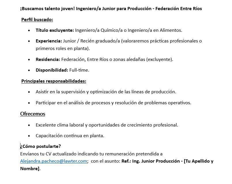 EMPLEO: ¡Buscamos talento joven! Ingeniero/a Junior para Producción – Federación Entre Ríos